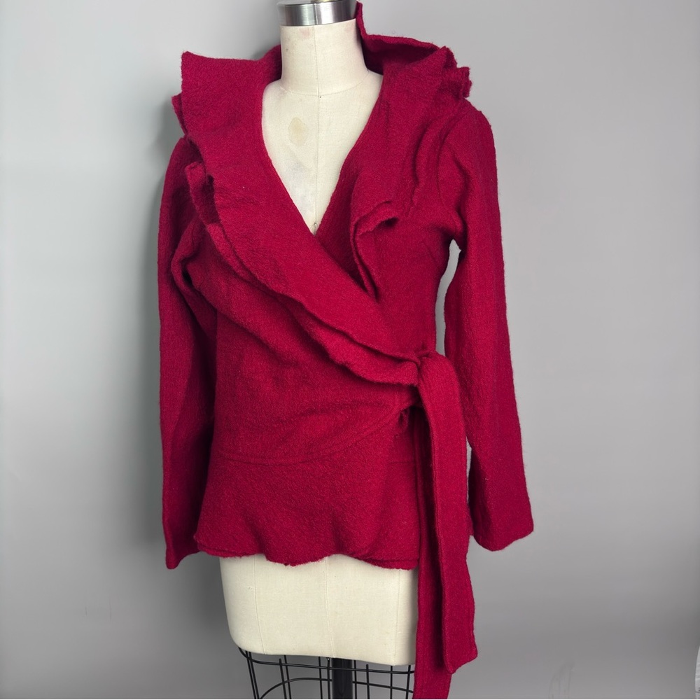 Vintage Red Wool Ruffled Wrap Cardigan Sweater XL